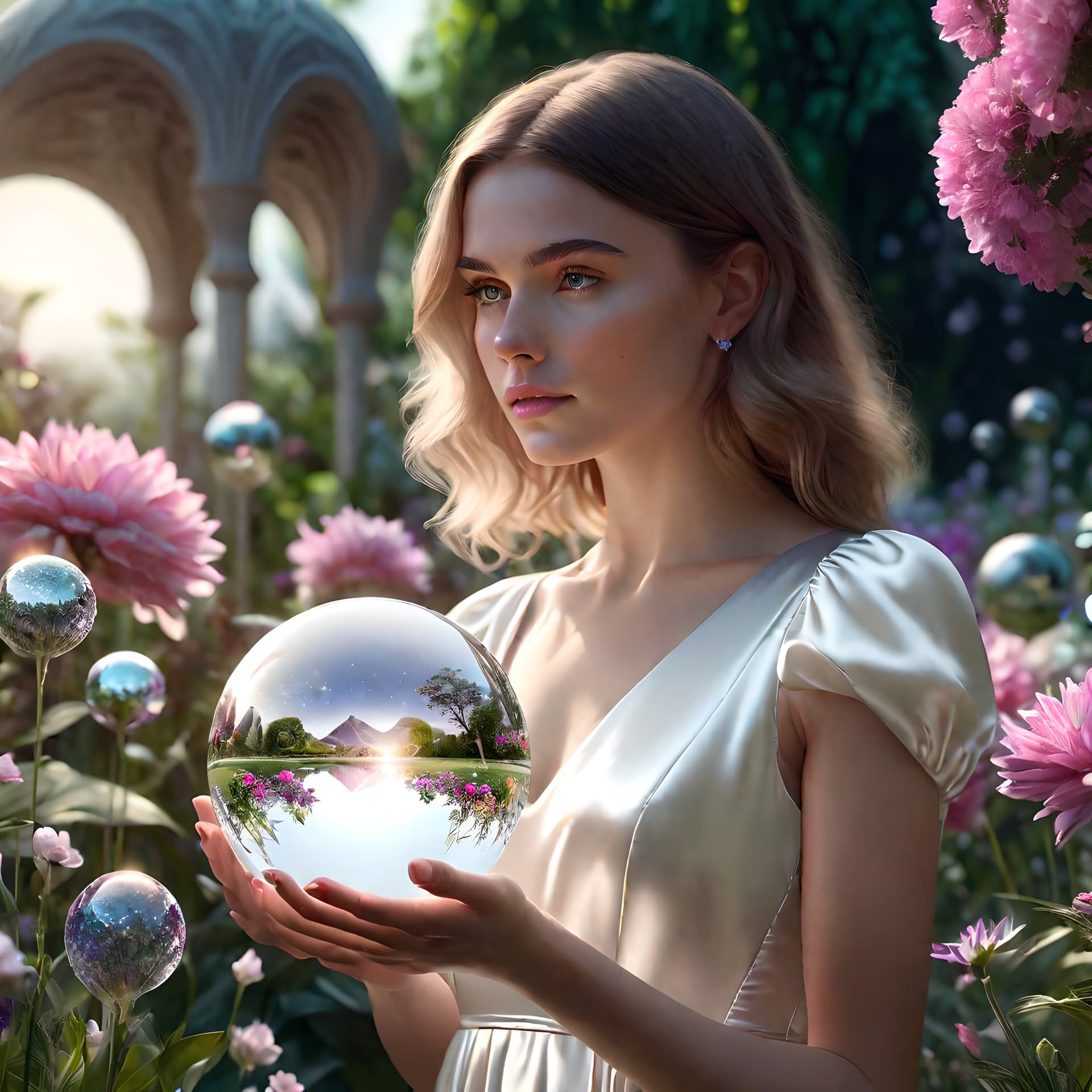 AI generated: A young woman in a silk white dress holding a crystal ball as she gazes across a garden of alien flo...