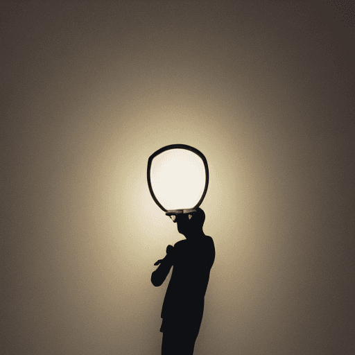 AI generated: silhouette of a man getting out of bed in the dark with a lamp shining lightly, holding a coin