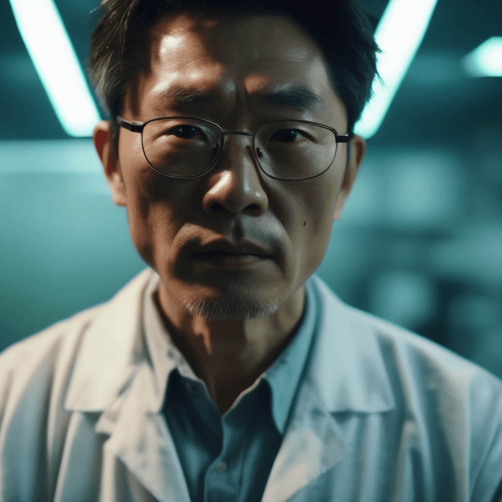 AI generated: A cinematic 4K movie extreme close-up of a Korean scientist in summer, centered and intense, with et...