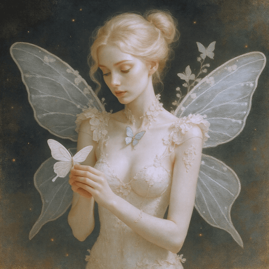 AI generated: The image evokes a delicate, ethereal aesthetic, presenting a slender woman with blonde hair styled ...
