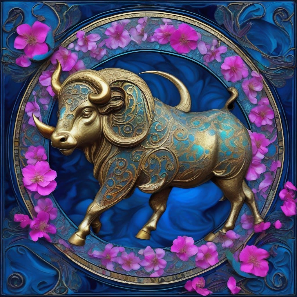 AI generated: wise, zen, mitras-cult, moon-eyed, feathered, Minotaurus, growing out of the dark, blue gold ebru bl...