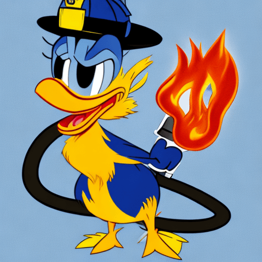 AI generated: Fire dept logo, Daffy duck fighting a fire, holding a hose, determined 

