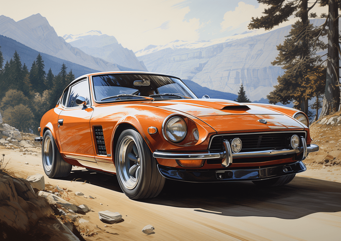 AI generated: Professional pencil drawing by an auto designer, Nissan Fairlady Z, 240 Z, in the style of auto desi...