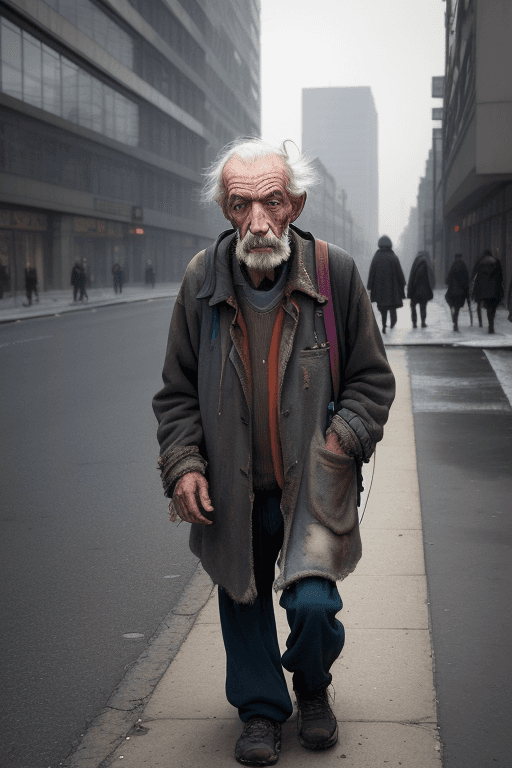 AI generated: Color high-resolution street photograph of an elderly homeless man with a sad expression walking dow...