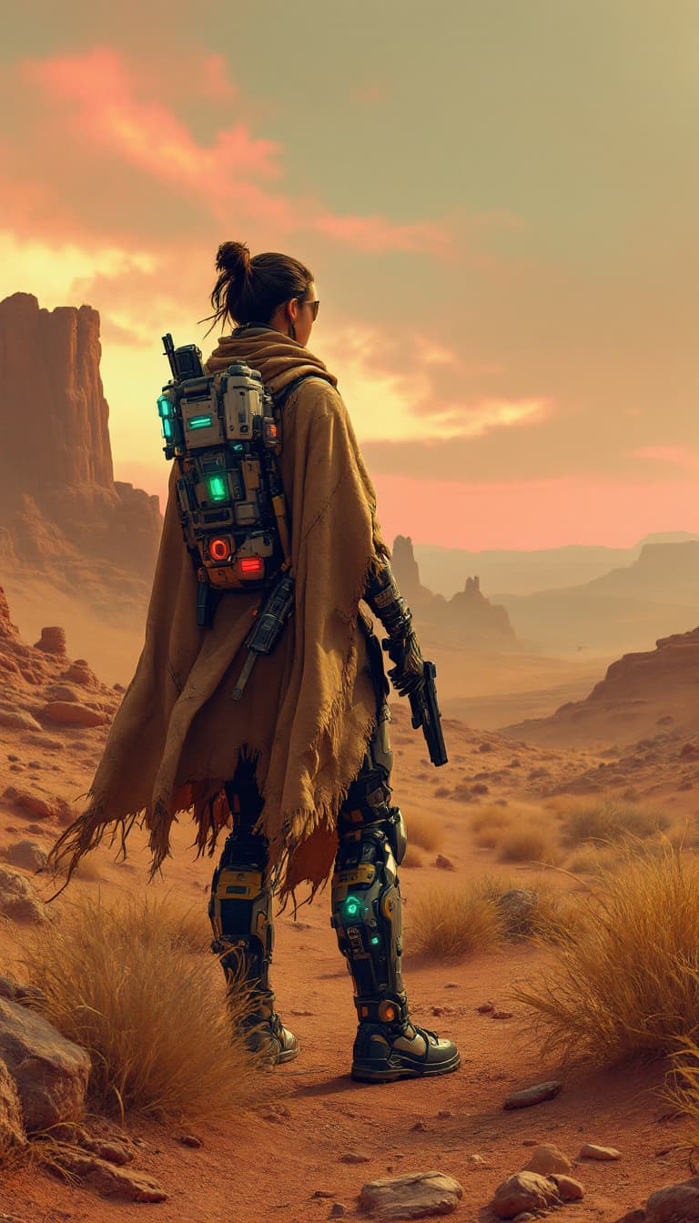 AI generated: A lone space marshal, wearing a worn, desert-toned poncho over a high-tech jumpsuit, surveys the des...