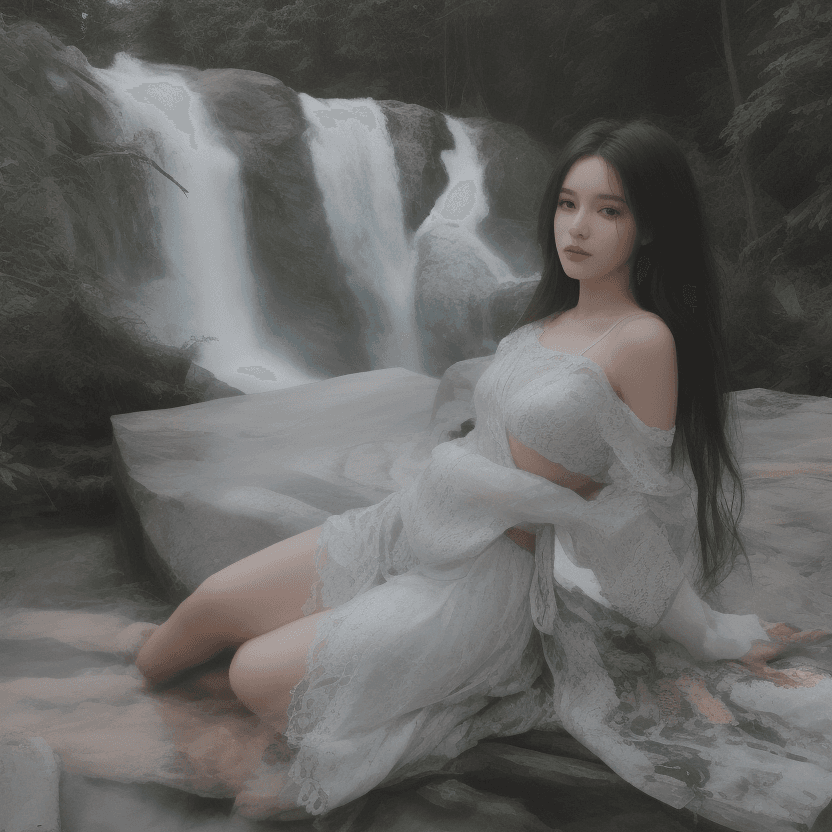 AI generated: A woman is reclining on a blanket on a large flat bolder beside a serene waterfall. Her pose is rela...