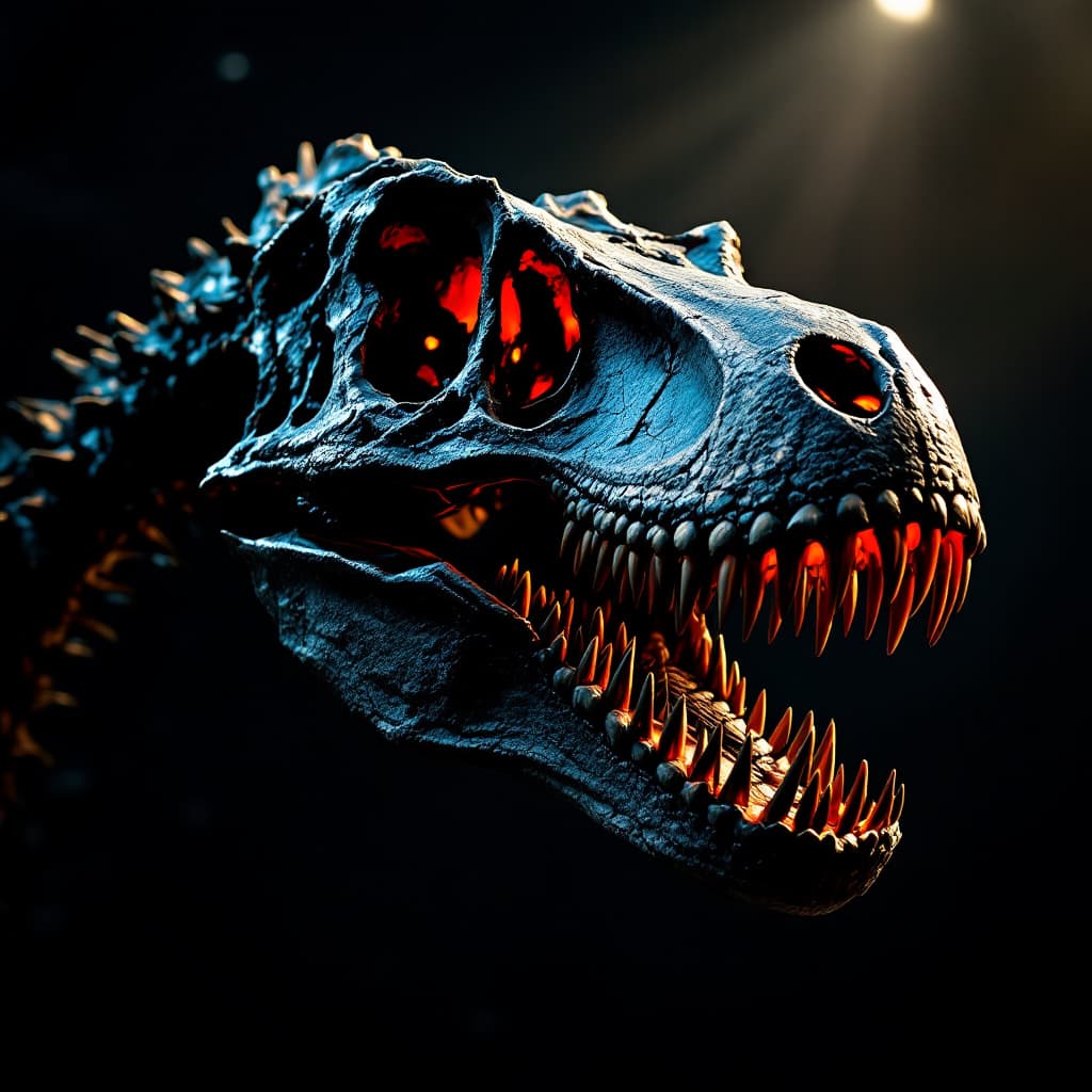 AI generated: T rex skull, dramatic lighting
