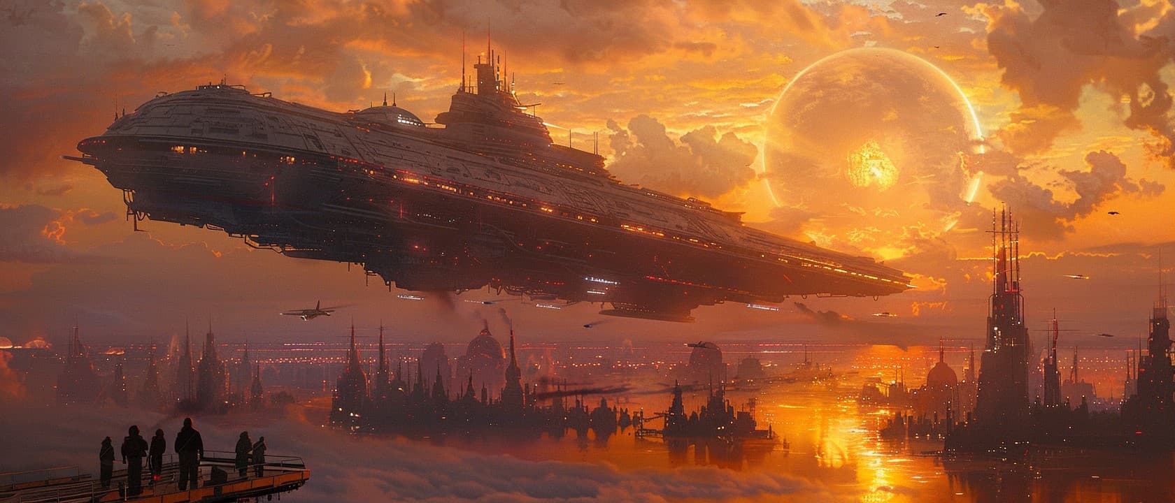 AI generated: J.M.W. Turner, A spaceship coming into dock into a sci fi city at sunset, --s 480 --ar 21:9 --v 6