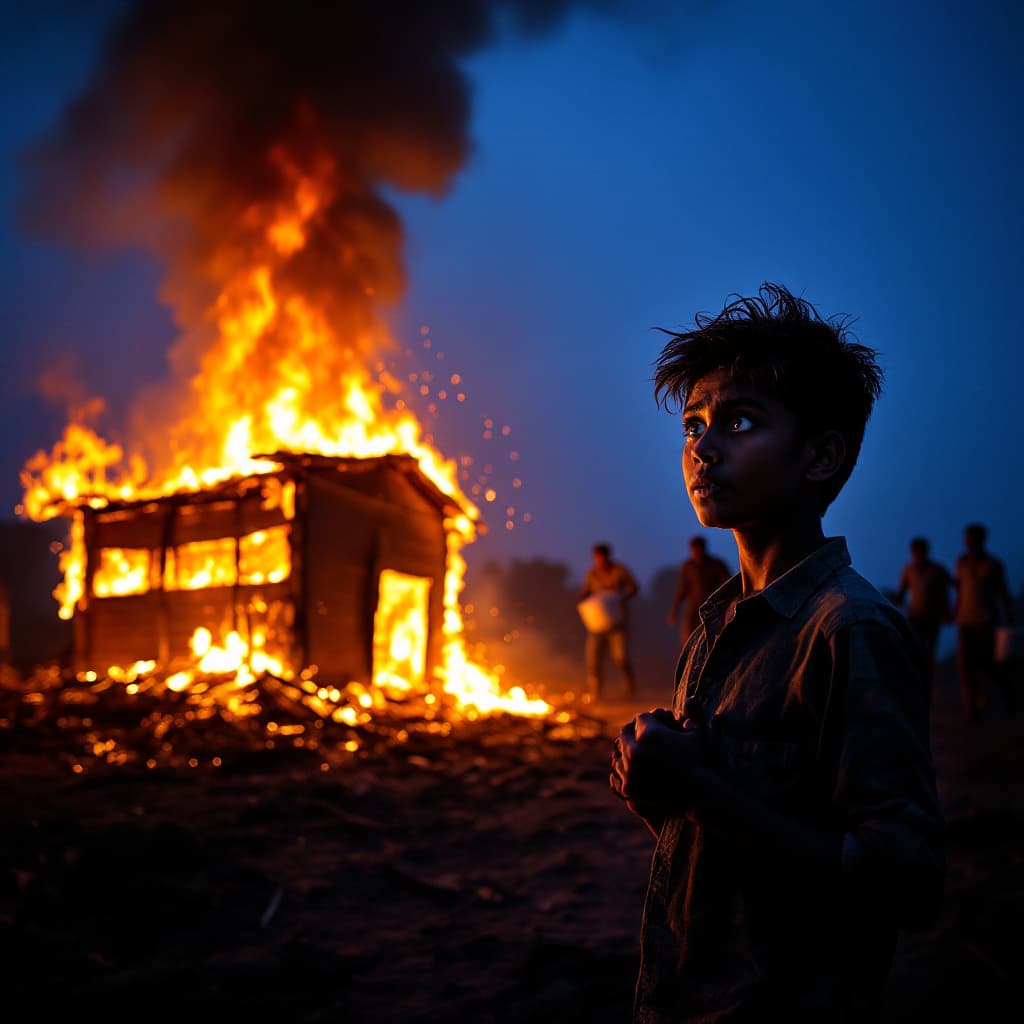 AI generated: A 13-year-old boy, Govindaraju, stands frozen in horror as he watches his family's small flour mill ...