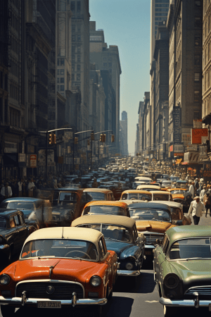 AI generated: A bustling city street at noon, the rhythm of the traffic, with fast cars of silver and black zoomin...