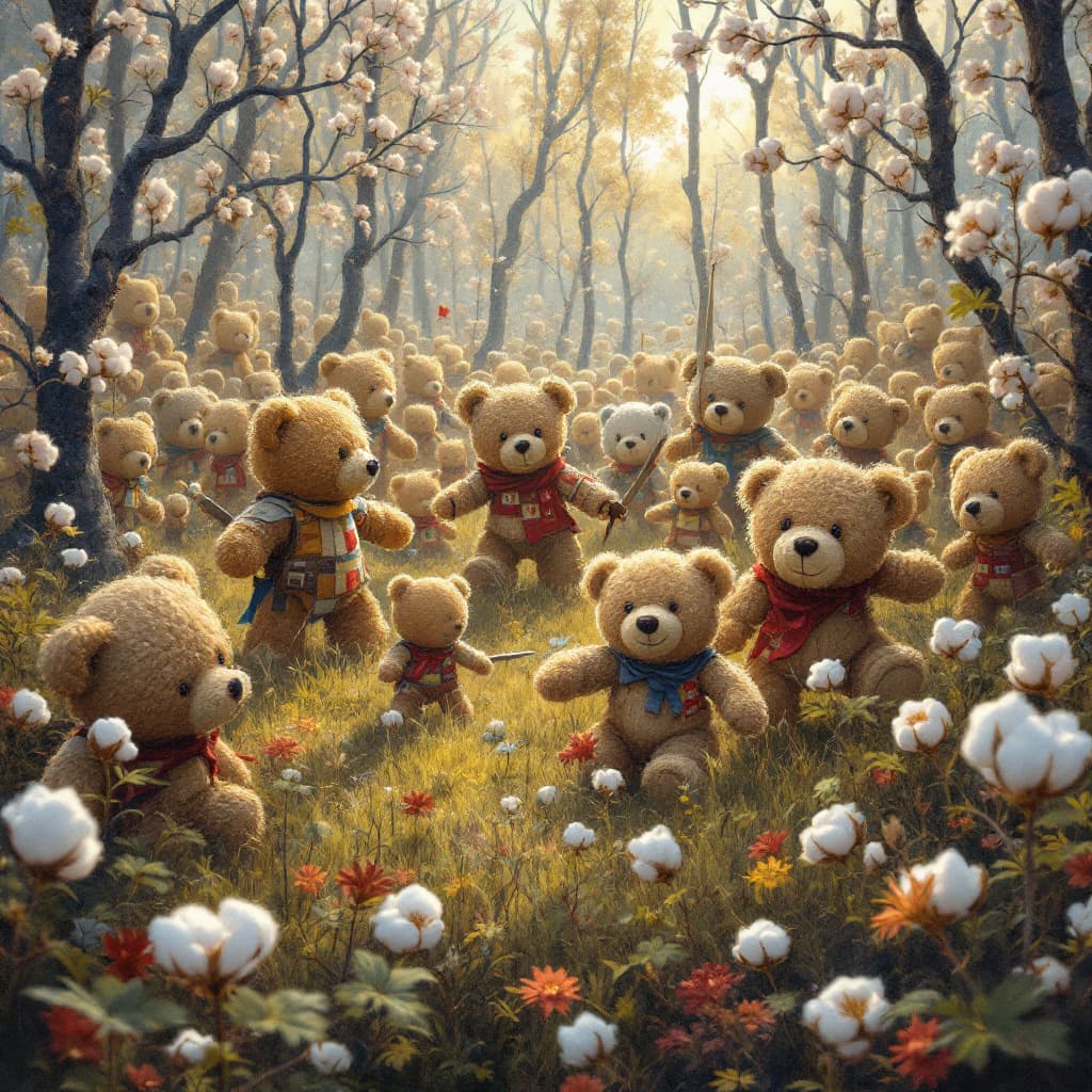 AI generated: teddy bear army going to war against an army of raggy dolls in the fields of patchwork quilts surrou...