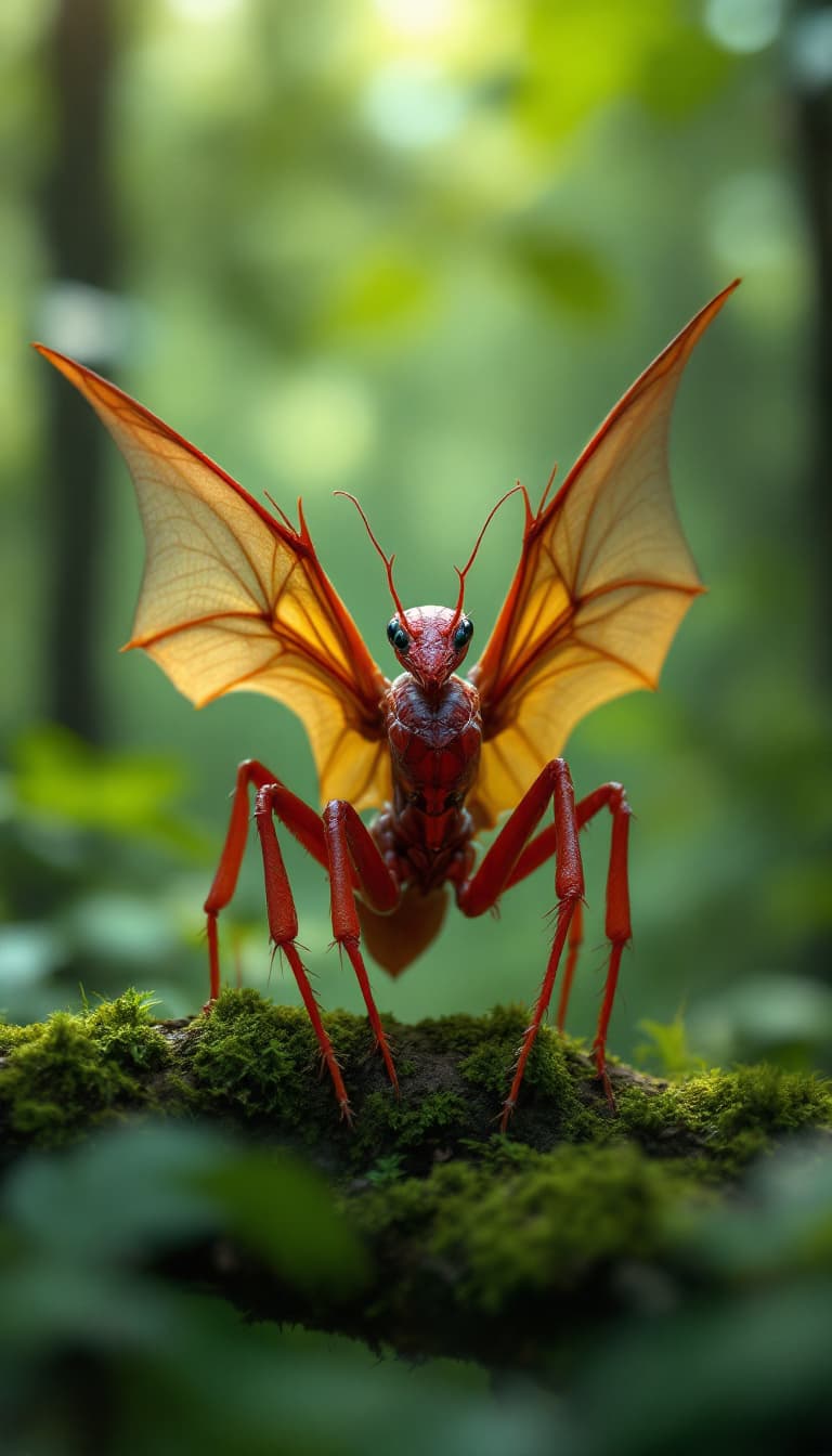 AI generated: A captivating hybrid of a red ant and a bat in a dense forest setting. The creature features the bod...