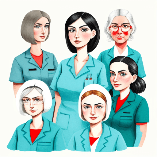 AI generated: expressive gouache and ink illustration of an hospital and some nurses front of 