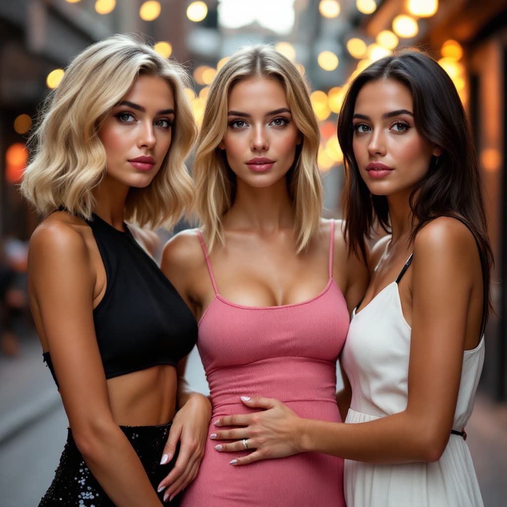 AI generated: Three women standing close together in an urban setting with warm lights in the background. The left...