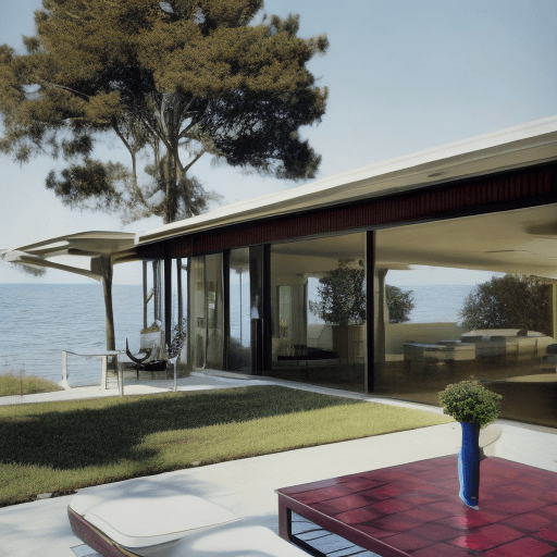 AI generated: Hyper realistic eye level exterior photo of a mid century modern style house overlooking the ocean, ...