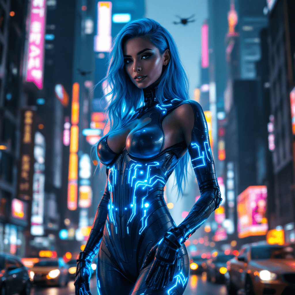 AI generated: Create an image of a stunning cyberpunk woman standing confidently in the heart of a neon-lit citysc...
