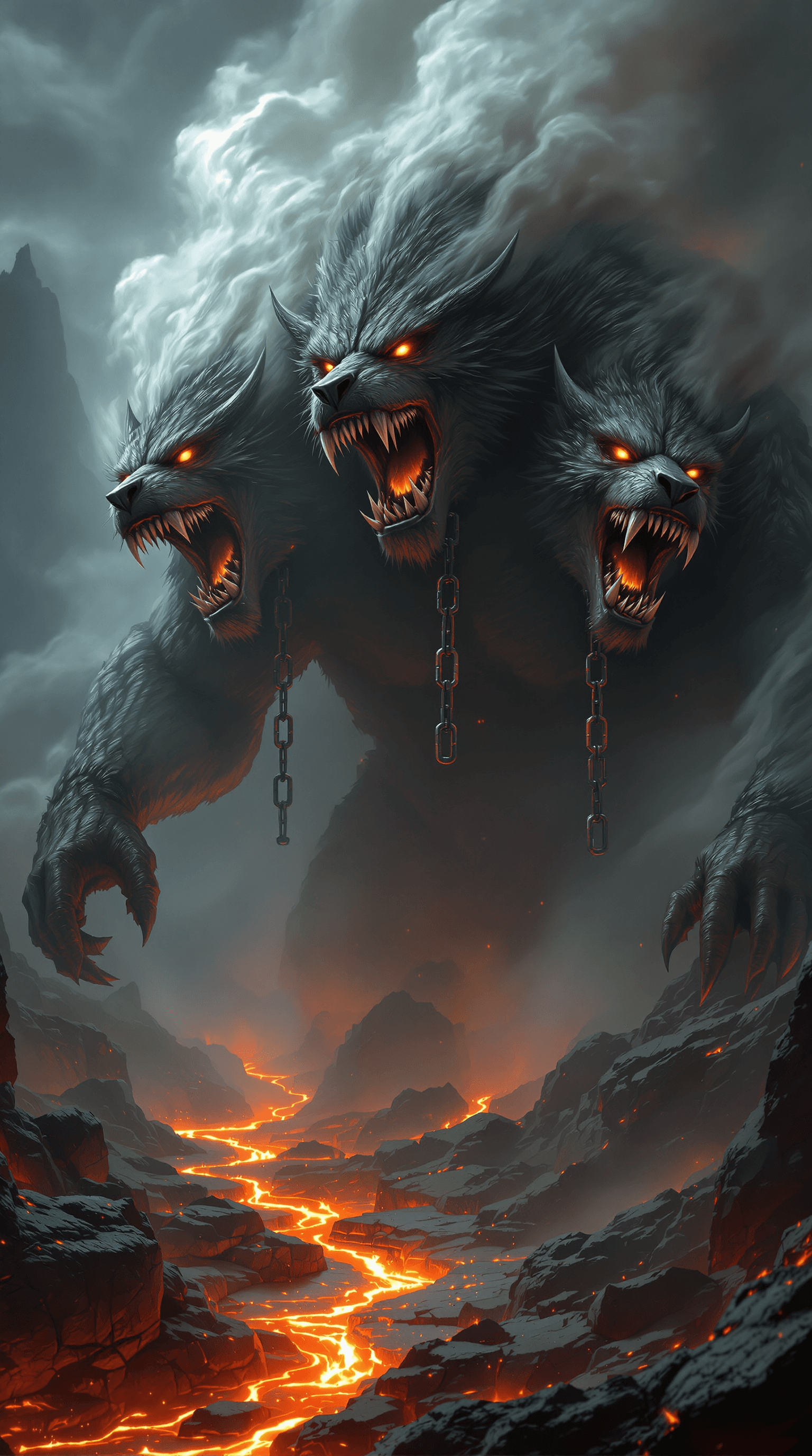 AI generated: (Ultra-high definition, Hyper-realistic:1.5) A legendary depiction of the three-headed Cerberus guar...
