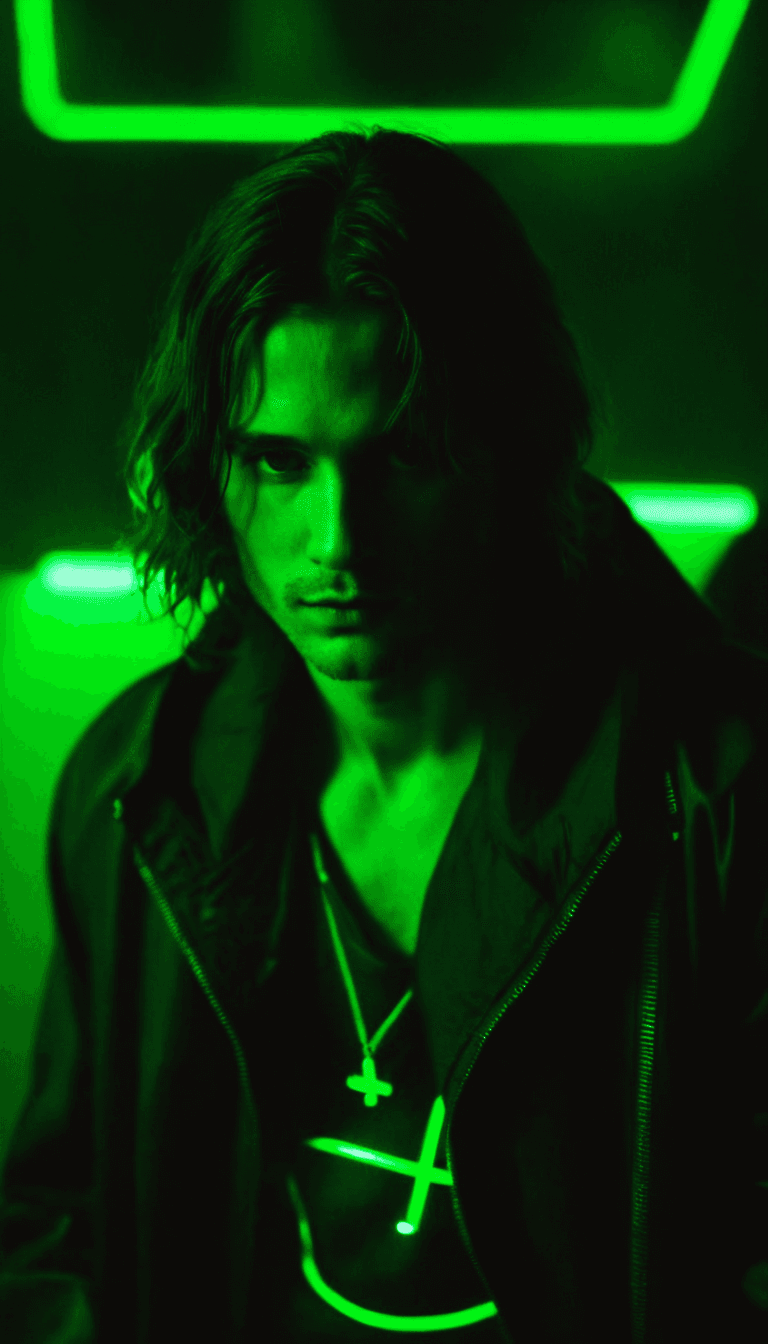 AI generated: fashion editorial, a portrait of young man is studio green lights in style Alain Laboile, highres, r...