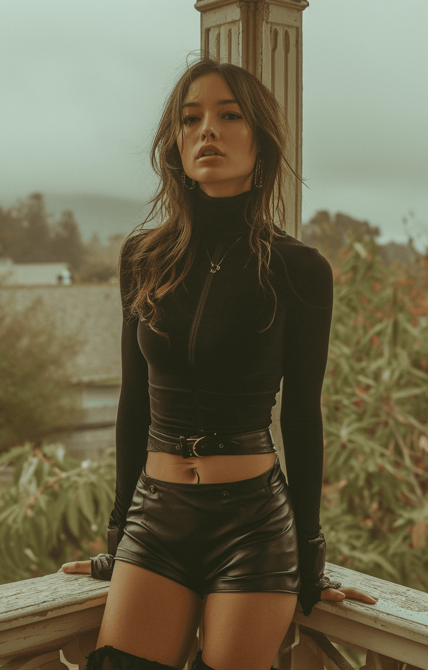 AI generated: a girl wearing a black turtleneck and knee high boots, in the style of film/video, amber, album cove...