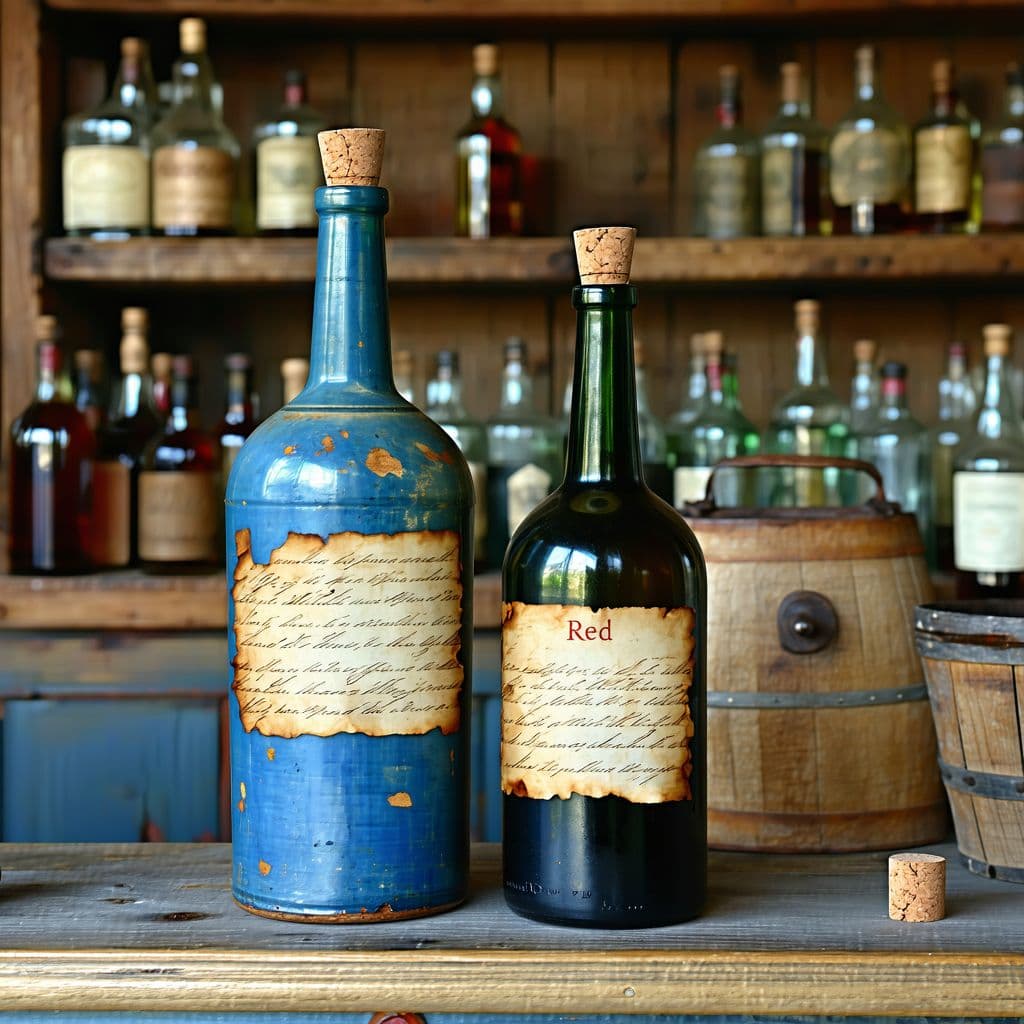 AI generated: An old-fashioned bottle with a plain old dirty looking and aged paper label that says "Red" in an ol...