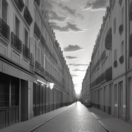 AI generated: A parisien street In 1920 prompt With a pen in black and white in a sun set