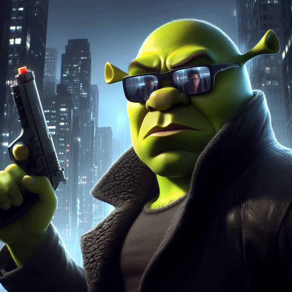 AI generated: Crea una imagen realista de Shrek serio con una pistola de agua en la mano y el fondo de unos edific...