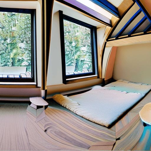 AI generated: High resolution photography interior design, dreamy sunken living room conversation pit, wooden floo...