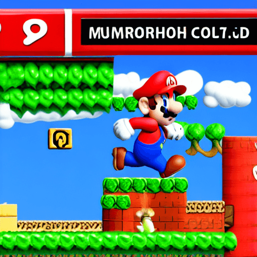 AI generated: Super-Mario running, Mushroom Kingdom background, 32k, closeup, trending on poltcount 3D, game --v 5...