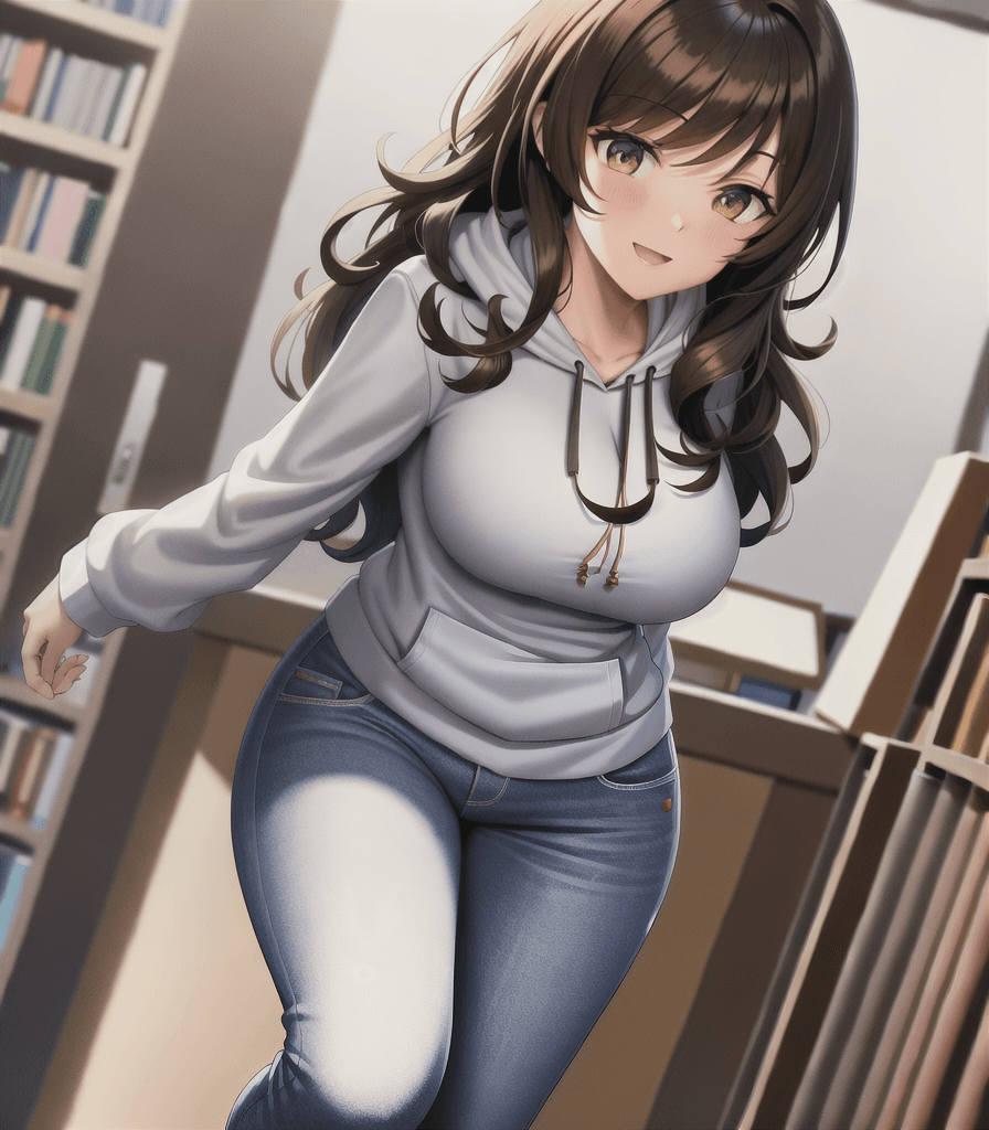 AI generated: (perfect anime illustration), 1girl, curly brown hair, best girl hair, indoors, library, walking, bo...