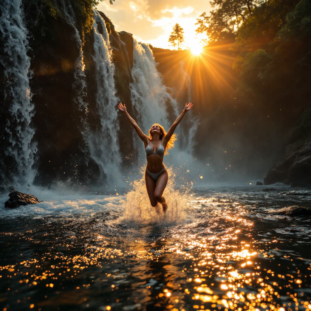 AI generated: Photo of a ultra realistic young lady jumps joyfully into the shimmering water at sunset, golden ray...