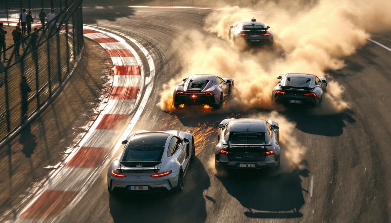 AI generated: The race track is well lit by sunlight.       Ahead, two cars collide on the track at a sharp turn a...