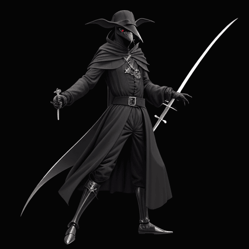 AI generated: 
"Craft an image of a plague doctor wielding two swords at their sides, set against a high-quality b...