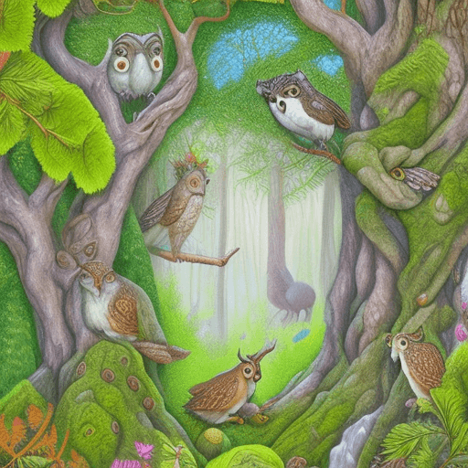 AI generated: Illustrate a whimsical forest scene teeming with delightful animals such as wise owls perched on anc...