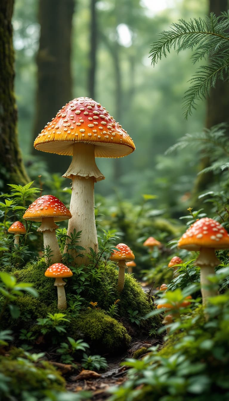 AI generated: In the green and healthy forest, there are some healthy looking mushrooms，Science fiction