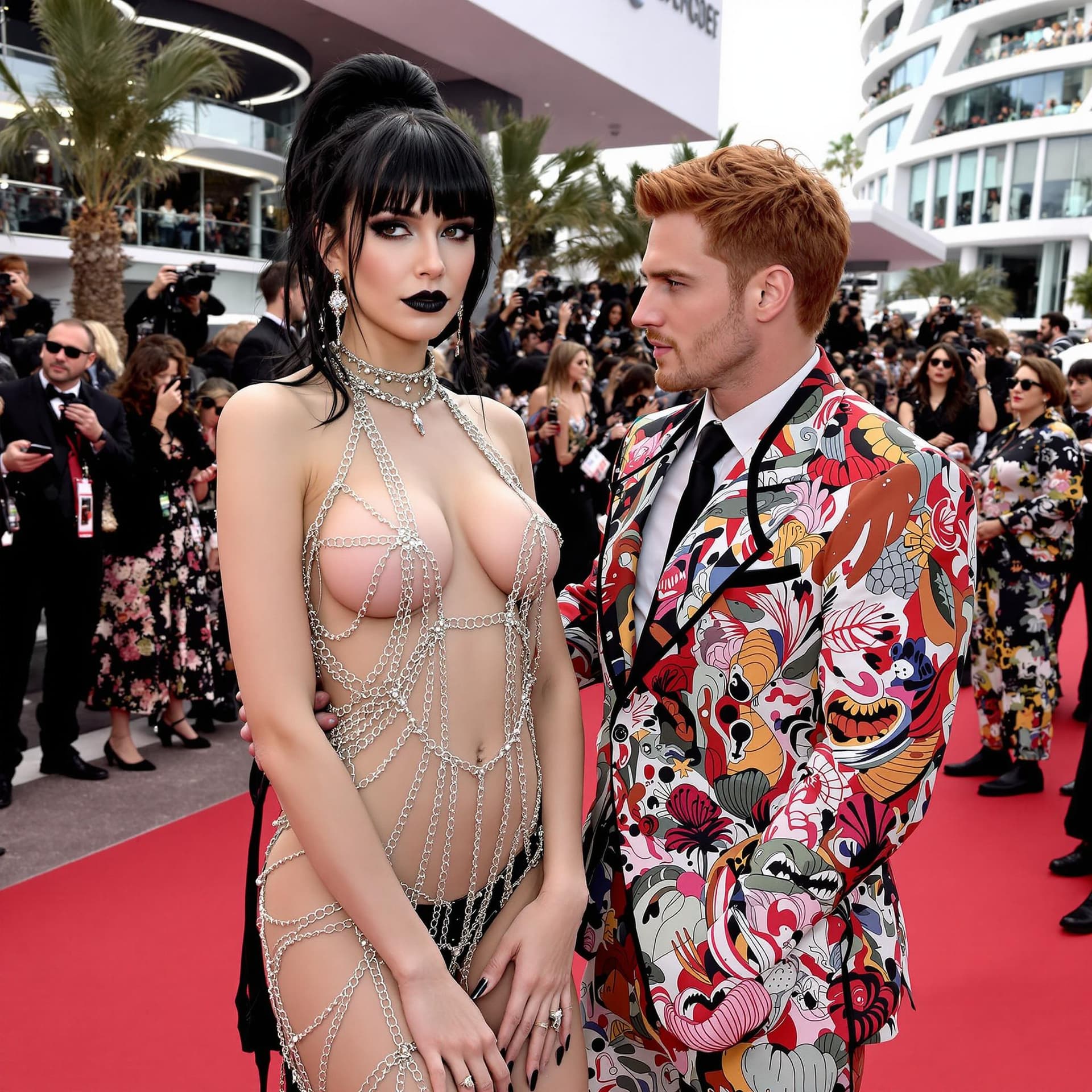 AI generated: Une scène du tapis rouge du festival de Cannes. Au premier plan, une femme portant une robe très aud...
