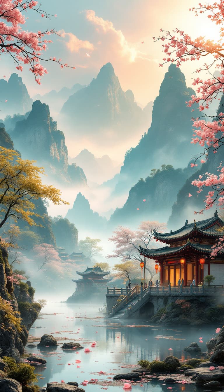 AI generated: Ancient Chinese landscape with golden sunlight filtering through mountain mist; bamboo forest swayin...