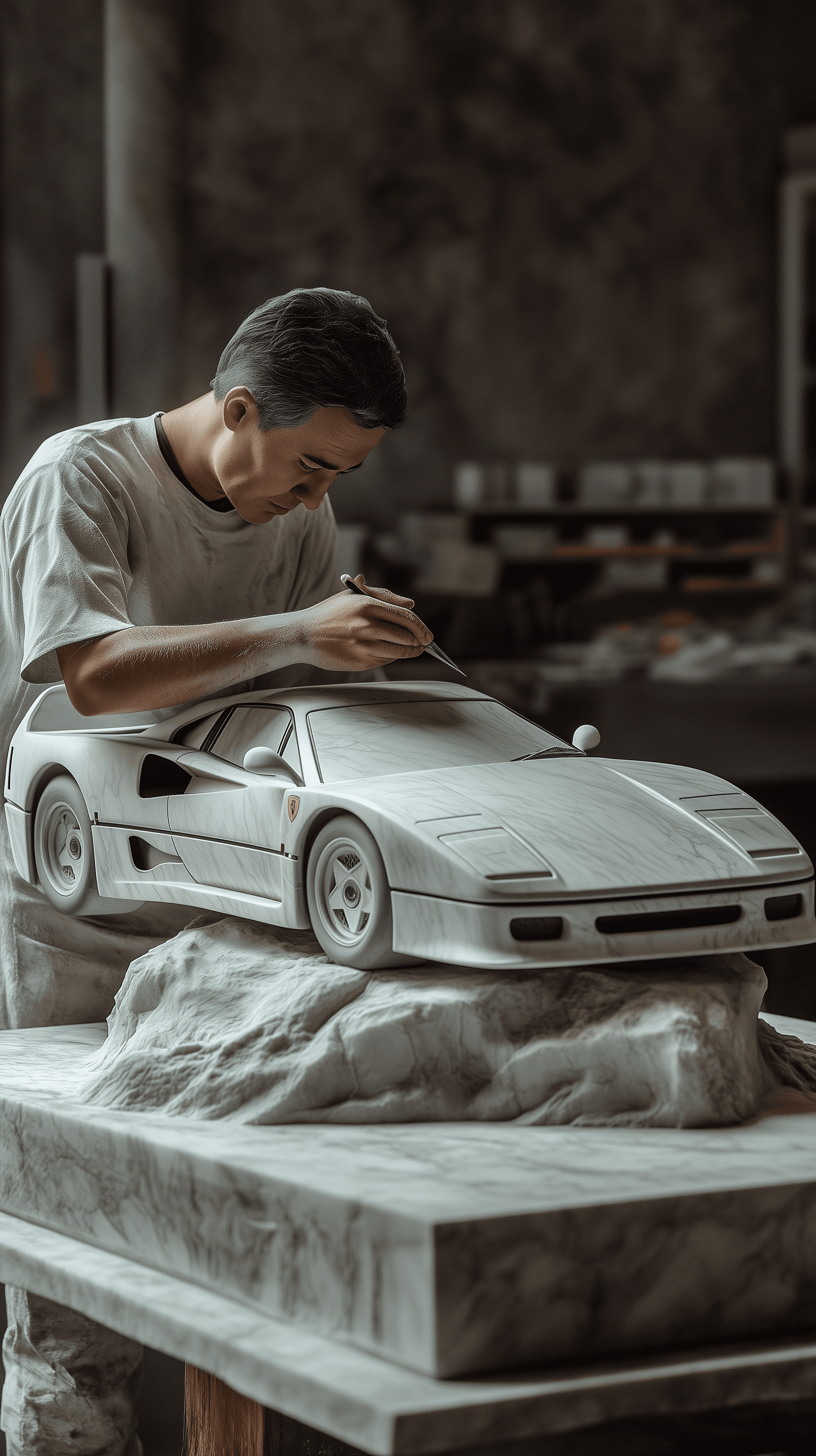 AI generated: photography, master sculptor carving, F40 by Ferrari, marble material, in a solid grey work studio, ...