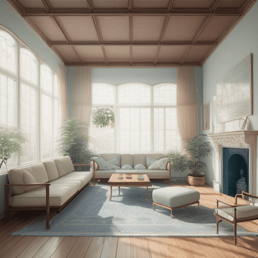 AI generated: High resolution photography interior design, dreamy sunken living room conversation pit, wooden floo...