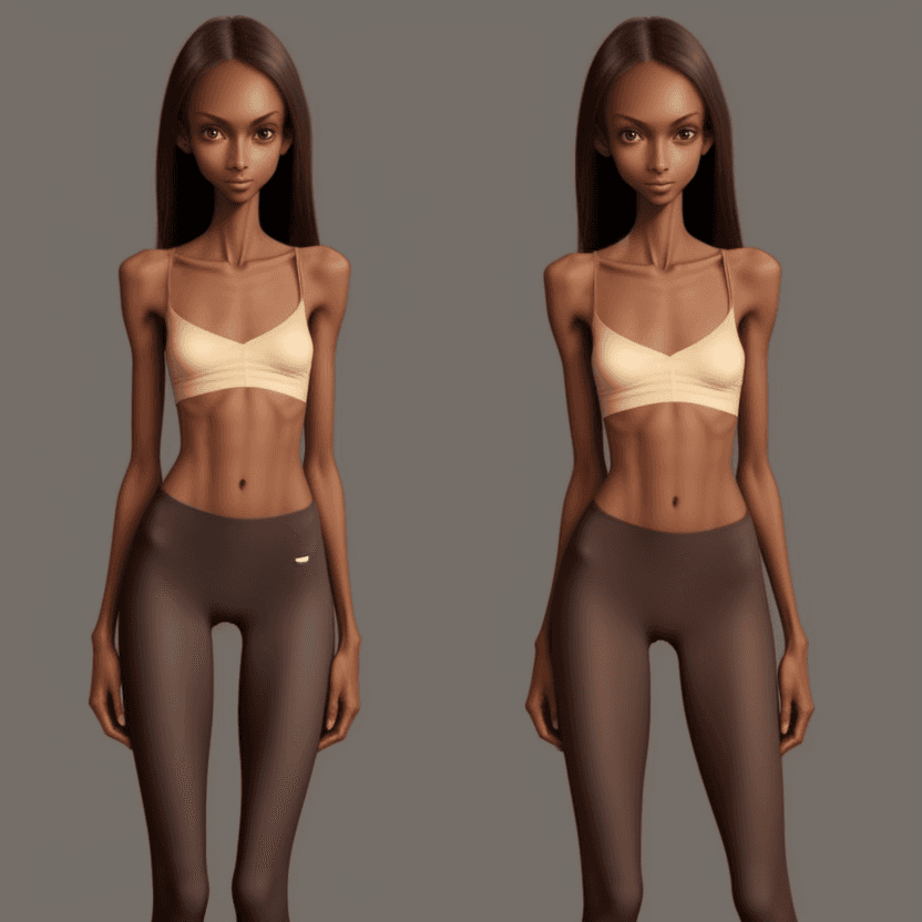 AI generated: extreme beautiful skinny brown skinned  slender face of skinny (almost anorexic) girl without a bra ...