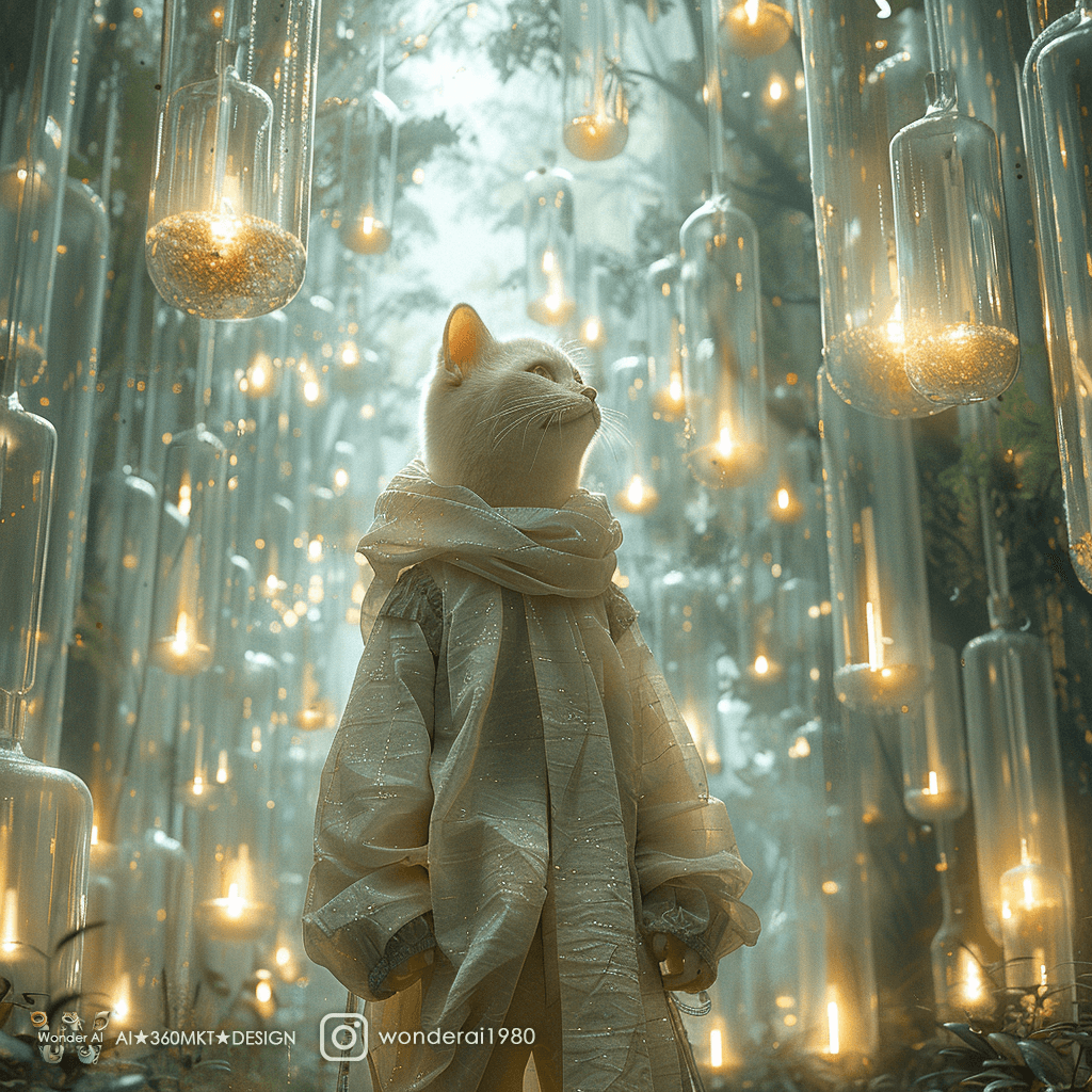 AI generated: anthropomorphic real adorable cat, dressed in fashionable clothes, walks into a fantastical architec...