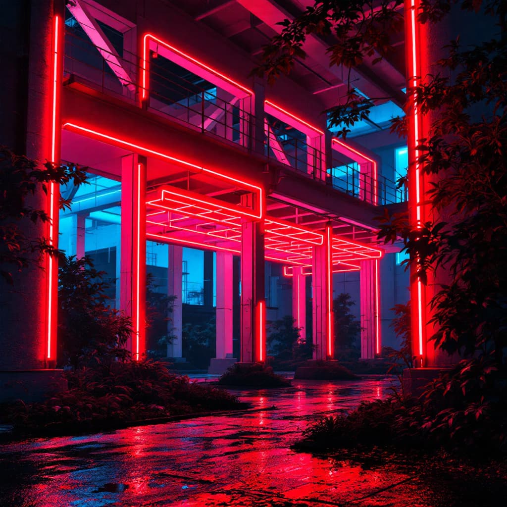 AI generated: cinematic, snap shooting, exterior night scene featuring an industrial building, structure filled wi...