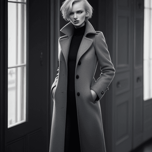 AI generated: fashion editorial photo of a russian short hair supermodel model in grey long coat standing in the h...