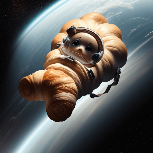 AI generated: A croissant floating in space holding a gun

