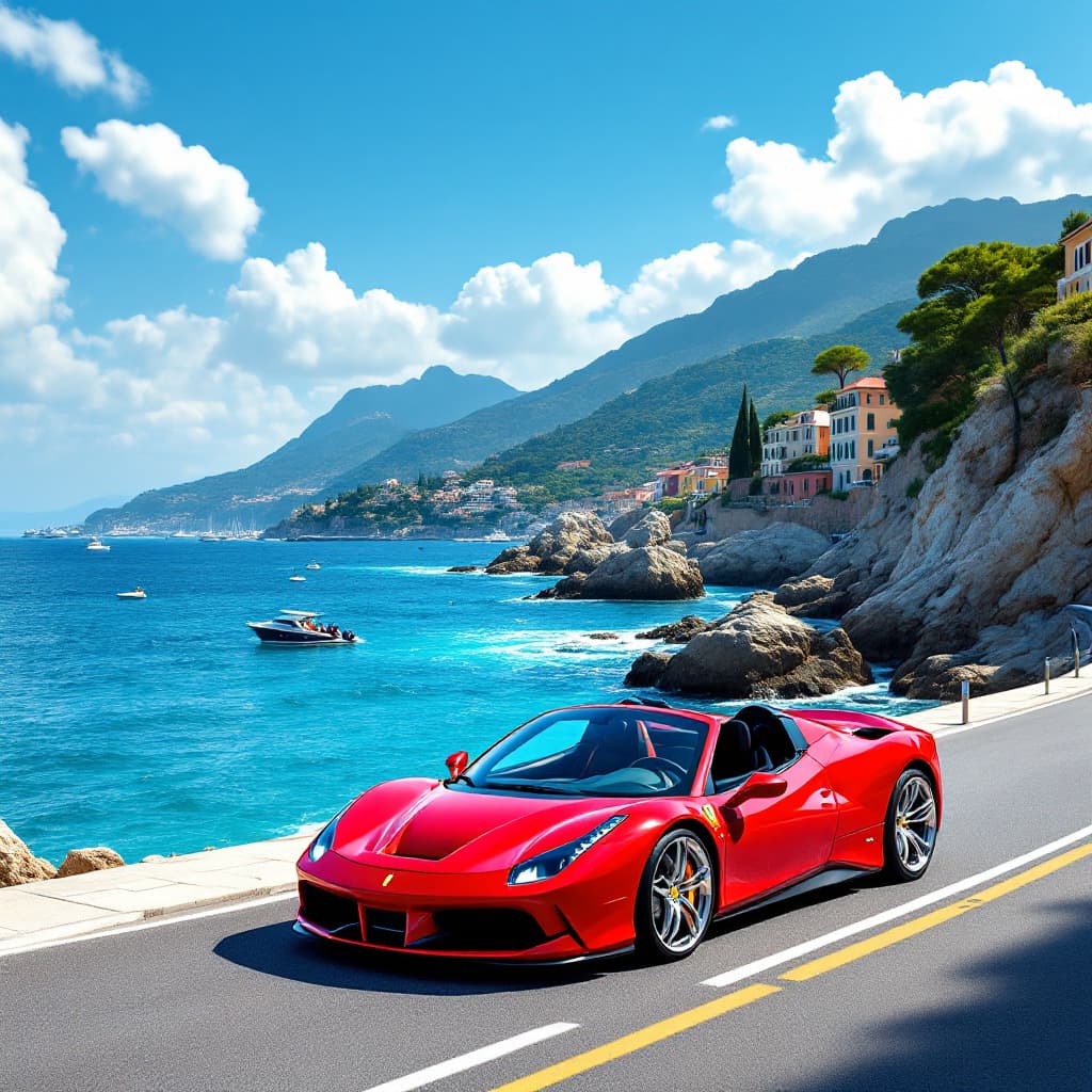 AI generated: red ferrari 458, clean, with chrome rims, recently bought from a salon. ferrari driving along the se...