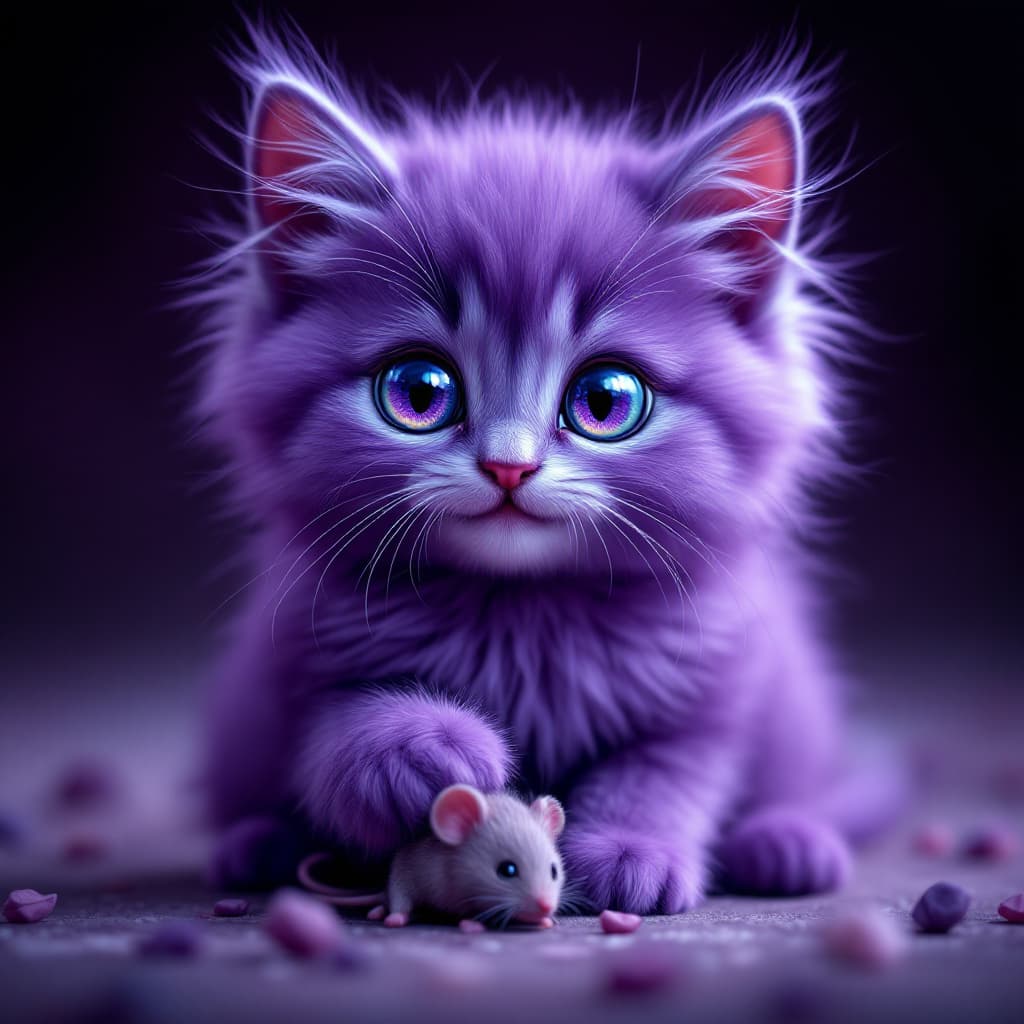 AI generated: Very cute fluffy purple kitten with purple fur, purple eyes like diamonds, large eyes, cute pointed ...