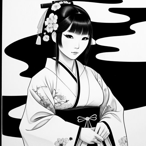 AI generated: black and white Japanese ink drawing, beautiful Japanese woman in a traditional kimono, --q 2 --s 75...