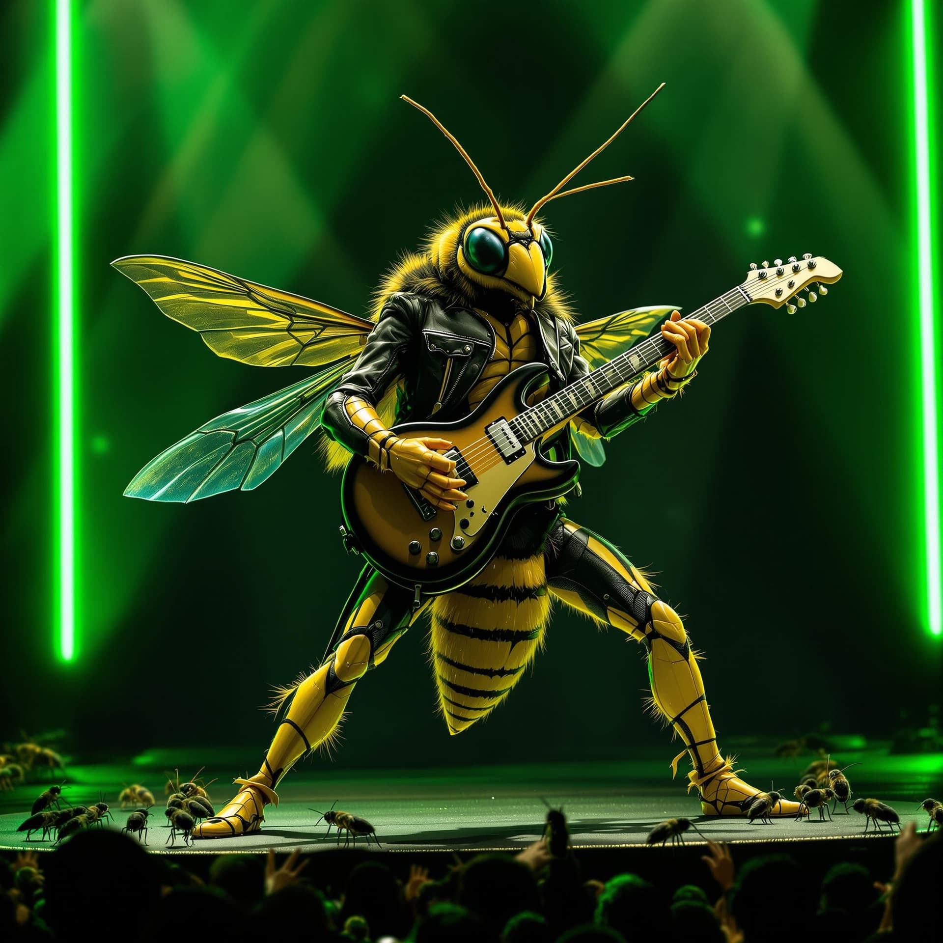 AI generated: A wasp insect standing upright like a human, playing an electric guitar on stage. Its wings are buzz...