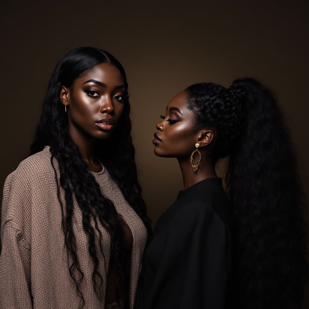AI generated: ULTRA REALISTIC BLACK FEMALES WITH HAIR EXTENSIONS AD FOR HAIR COMPANY