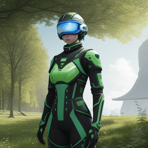 AI generated: Photo of a ultra realistic future green space outfit, die buchstaben ESS auf dem aunzug sichtbar, fa...