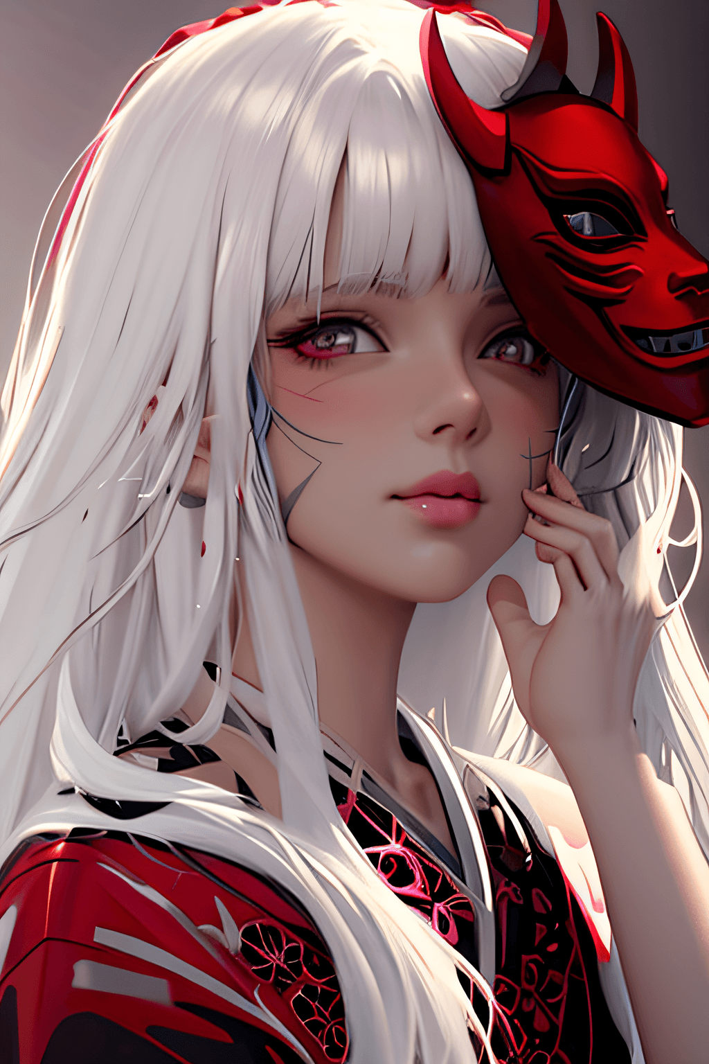 AI generated: anime girl with white hair and red mask on her head, anime style. 8k, anime style 4 k, stunning anim...